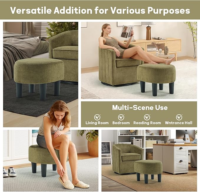 CANMOV Swivel Accent Chair for Multi-Scene Use 360 Degree Club Chair with Ottoman Set Comfy Fabric Barrel Reading Chairs with Simple Line Design for Living Room Bedroom Round Reading Chair Green
