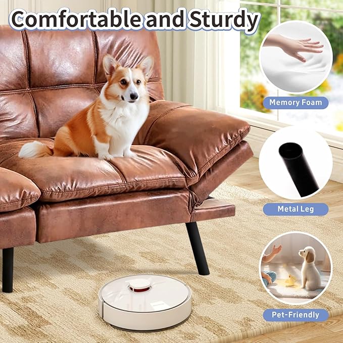 MUUEGM Brown Futon Sofa Bed Leather Memory Foam Modern Office Couch Sleeper Bed Convertible Love seat Sofa for Small SpacesApartmentOffice with Adjustable Armrest Backrest
