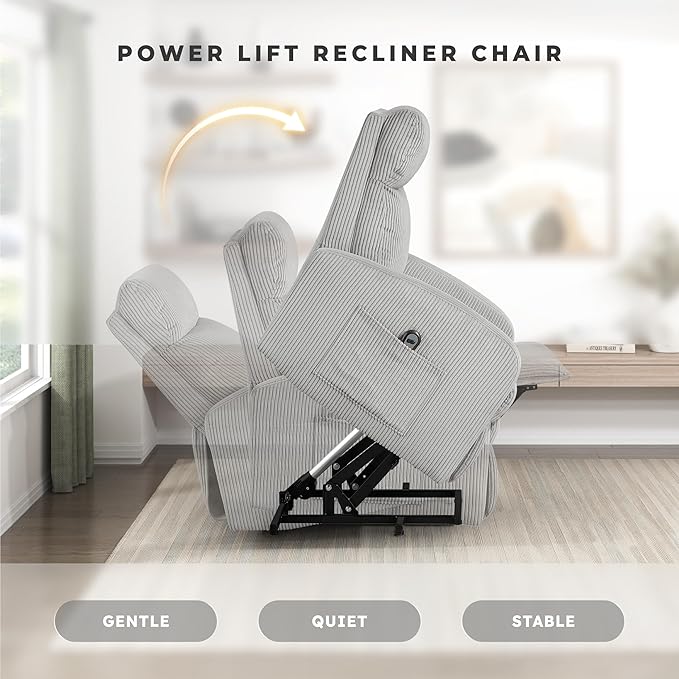 Lexicon Power Lift Recliner Chair for Elderly with Remote Control Gentle Lift Motion Side Pocket Armrest Corduroy Upholstered Electric Recliner for Living Room/Bedroom Easy Assembly Light Gray