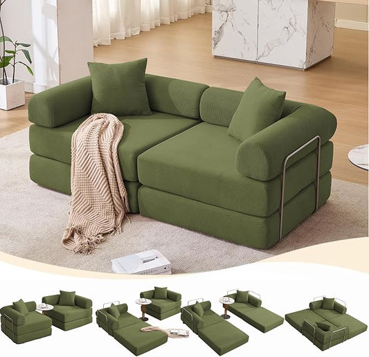73 Convertible Modular Folding Sofa Bed 5-in-1 DIY Combination Fold Out Sleeper Sofa Bed Loveseat sleeper Couch with Removable Armrests Corduroy Floor Couch Small couches for small spaces Green