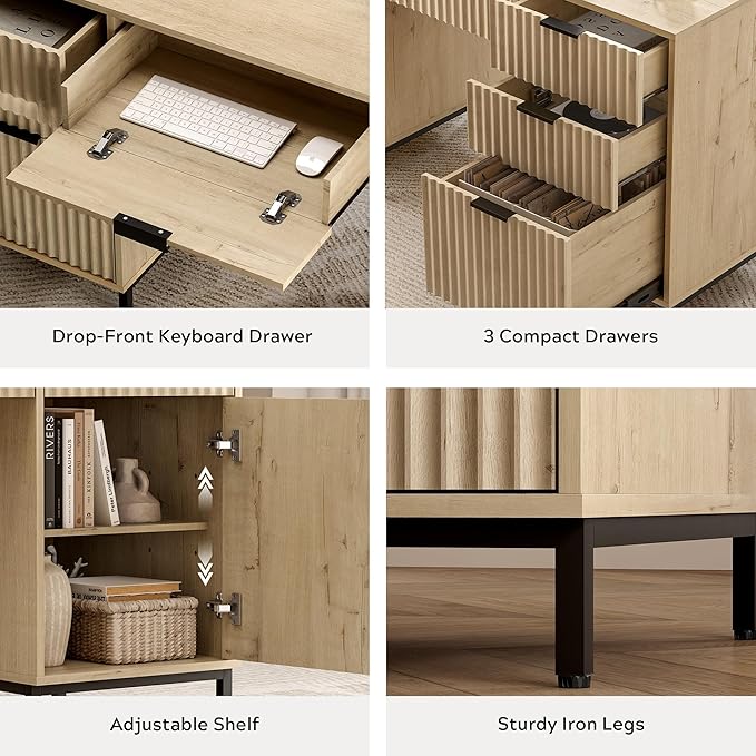 55 Fluted Executive Desk Modern Home Office Desk with Charging Station Keyboard Tray File Drawer Storage Cabinet for Work Study Writing Desk Light Oak