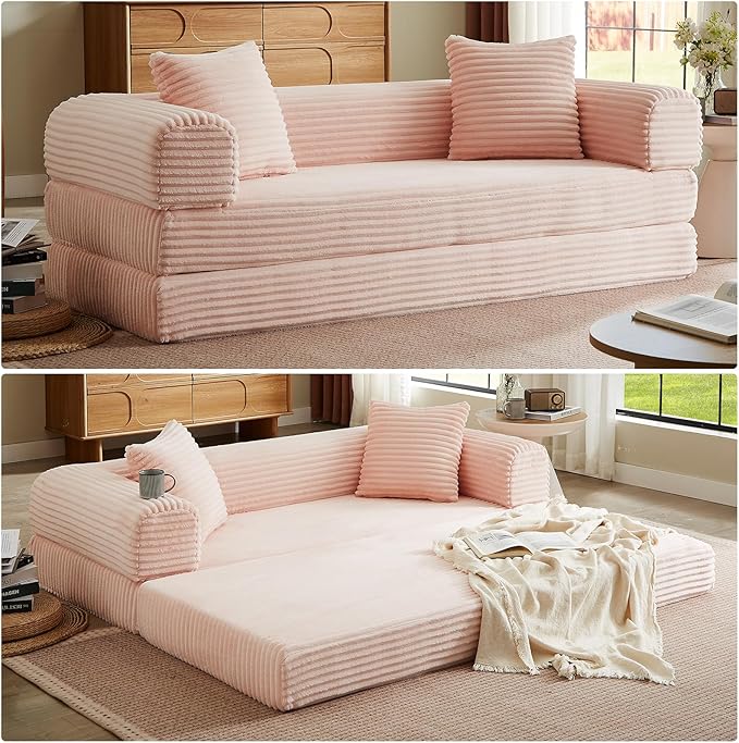 Folding Convertible Sleeper Sofa Bed Corduroy Upholstered Boneless Couch with Pillows Modular Floor Sofa Compression Couch for Living Room No Assembly Required (Pink)