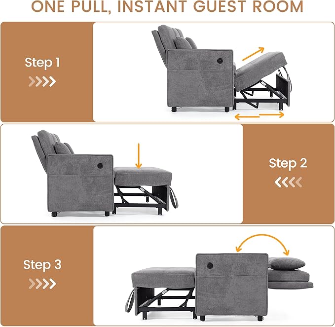 52 Convertible Sofa Bed 3-in-1 Sleeper Sofa with Pull-Out Bed Chenille Couch Folding Loveseat USB Ports &amp Adjustable Backrest Modern Loveseat for Living Room Apartment Grey