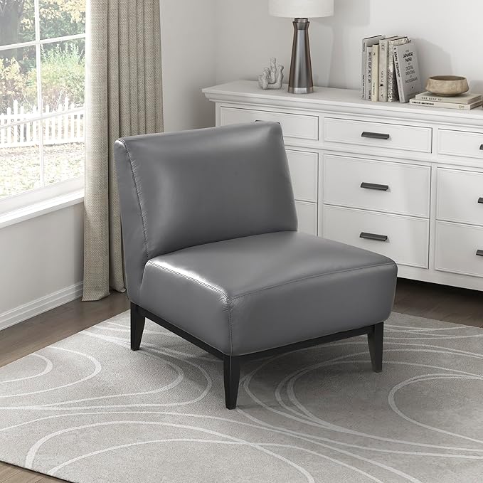 Lexicon Modern Living Room Leather Accent Chair Luxury Genuine 100% Top Grain Leather Upholstered Armless Chair Comfortable Seat Black Solid Wood Legs for Bedroom/Office Easy Assembly Dark Gray