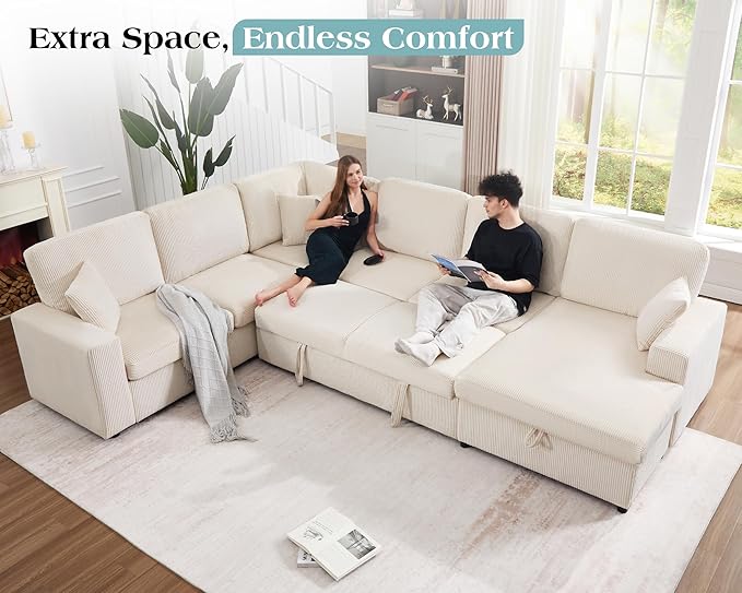 VanAcc 130 Sofa Bed Sectional Sleeper Sofa with Pull Out Bed Sleeper Couch with Storage 6 Seater Couch for Living Room Corduroy Off-White
