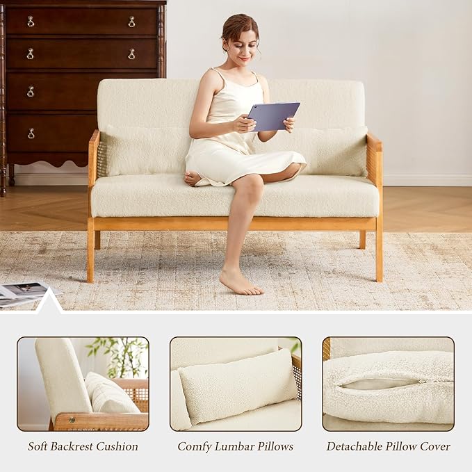 Furnimart 4ft Small Loveseat 48 Modern Rattan Settee 2-Seater Sofa with Wood Frame and Lumbar Pillows Wating Room Banquette Bench with Back Mini Couch for Apartment Office Patio Sherpa White