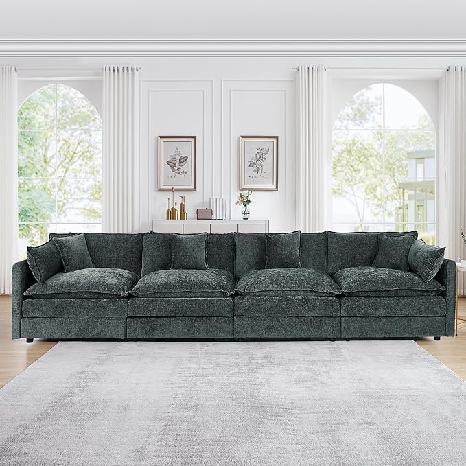 Aoowow Modular Sectional Sofa147.2 Inch Deep 4-Seater Sofas Comfy Chenille Cloud Sofas and Couches with Pillows for Living Room Apartment（Grey）
