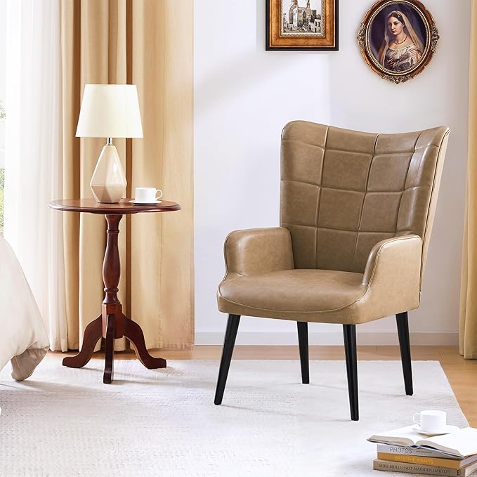 PU Leather Accent Chair Upholstered Living Room Chair with Soild Wood Leg Reading Armchair for Living Room Bedroom Home Office Amber JF635 HL593