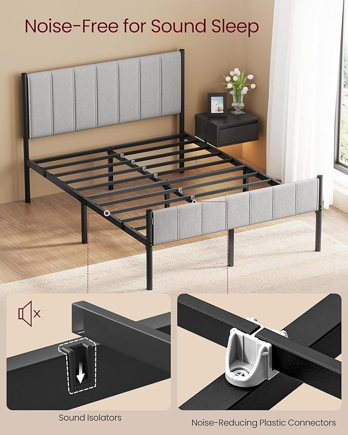 VASAGLE Full Bed Frame with Upholstered Headboard Metal Bed Frame Full Size with Footboard 1100 lb Weight Capacity Steel Slats Easy Assembly No Box Spring Needed Dove Gray URMB982G01V1