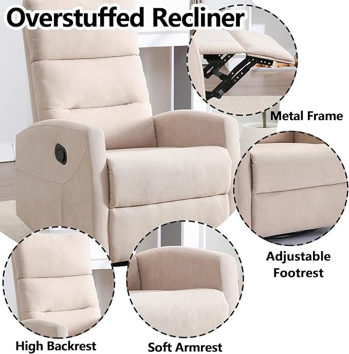 Slim Lazy Boy Recliners for for Adults Swivel Rocking Chair Recliner with High Back Small Recliner Chair for Small Spaces Manual Reclining Chair for Living Room Adjustable Footrest (Beige)
