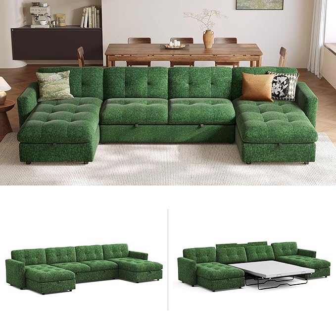 152 Oversized Sectional Sleeper Sofa with Pull Out Bed and Storage Chaise Convertible Sofa Bed with Memory Foam Topper Comfy U Shaped Modular Couches for Living Room Apartment Dorm Room Green