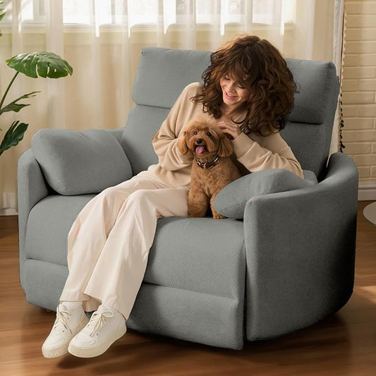 FLEXISPOT Mochi Oversized 54 Power Recliner Chair for Big and Tall Adults Chenille Fabric Electric Recliner with USB &amp Type-C Ports Wide Single Sofa with Pillow for Living Room Bedroom Light G