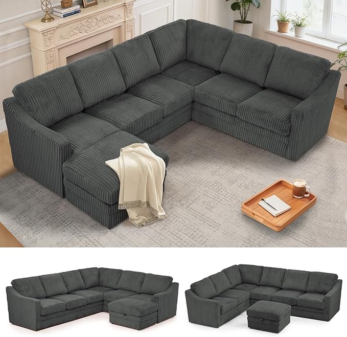 115 Corduroy Sectional Sofa with Storage Ottoman Modern 7 Seats Corner Couch with Deep Seat Comfy Modular U Shaped Couch with Comfortable Cushions for Living Room Grey