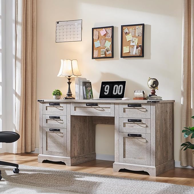 RedLemon 60 Farmhouse Executive Desk with Drawers Wood Home Office Desk w/Charging Station Keyboard Tray File Drawer Storage Cabinet Rustic Computer Writing Desk (Light Rustic Oak)