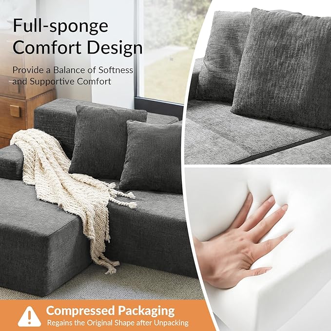 EcoHarbor Living 111 2-Piece Sectional Couch with L-Shape Chaise Modular Cloud Sofa with Deep Seat No Assembly Required Oversized Modern Upholstered Couches for Living Room Apartment Lounge Grey