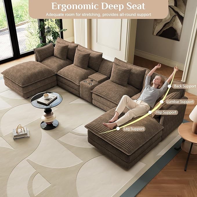 143 Oversized Modular Sectional Sofa U Shaped Cloud Couch Modern 6 Seat Sofa Set for Living Room Comfy Corduroy Deep Seat with Storage Central Console Movable Ottomans Cup Holders USB Ports Brown