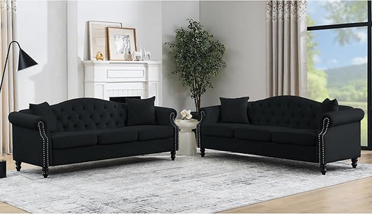 KEIKI 79 + 79 Chesterfield Sofa Retro Upholstered 3+3 Seater Velvet Couch with Rolled Arm and Nailhead for Living Room Bedroom Office Apartment Black
