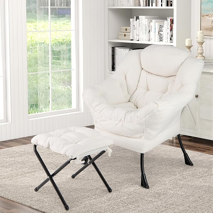 Byroce Lazy Chair with Ottoman Single Sofa Sherpa Chair with PP Cotton Filler Head Pillow &amp Zipper Design Modern Home Office Leisure Set Comfy Lounge Reading Accent Chair for Living Room Bedr