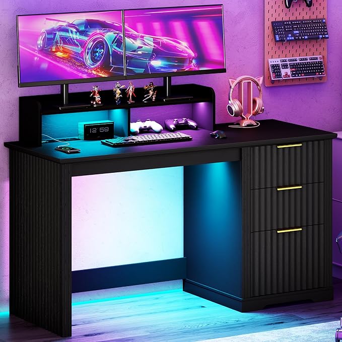 Computer Desk with Monitor Stand 47 inch Home Office Desk with RGB LED Lights and Power Outlets Writing Desk with Storage File Drawer for Working Gaming Writing Black