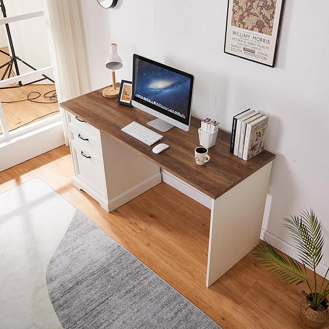 60 Farmhouse Executive Desk with Charging StationHome Office Desk with 2 Drawers &amp1 File CabinetWood Work Desk for Office and Home