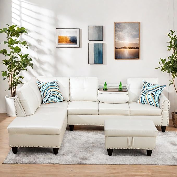 Sectional Couches for Living Room with Ottoman Modern Leather 4 Seat L Shaped Couch with Cup Holder Living Room Furniture Sets for Office Bedroom White