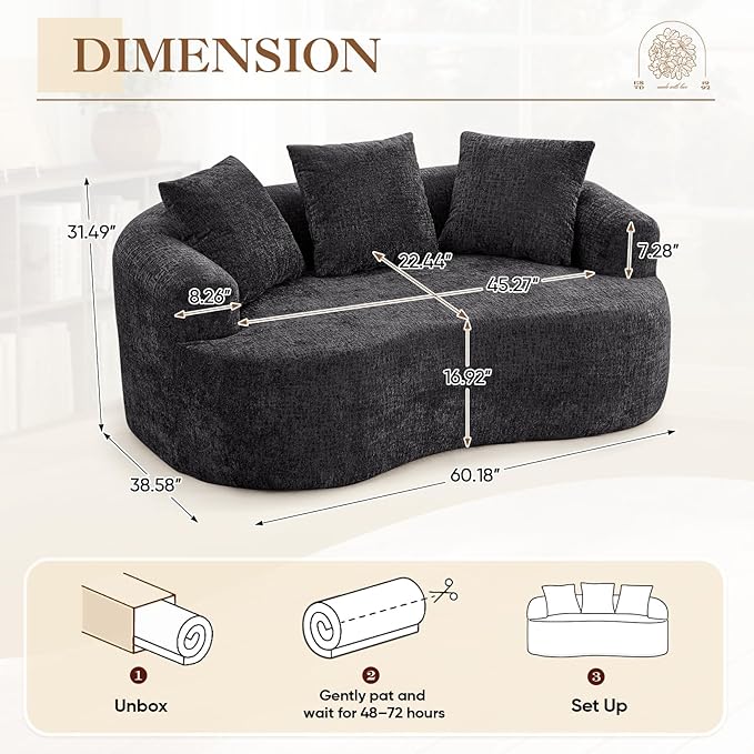 60 Curved Sectional Sofa for Small Spaces - Plush Chenille Modern Cloud Loveseat with Pocket Springs &amp Memory Foam Boneless Floor Couch for Living Room 27.6 Extra Deep Seat No Assembly (Black