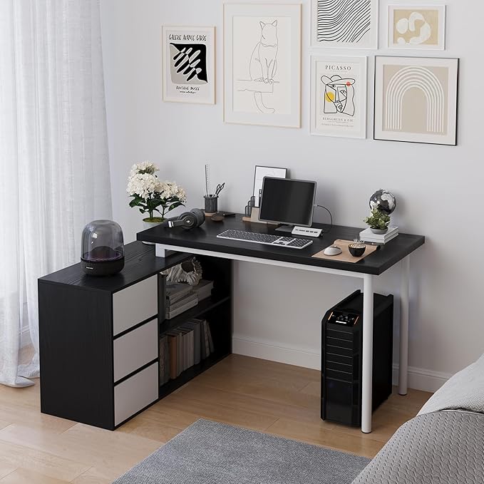 L Shape Computer Desk with 3 Drawers and 2 Shelves Home Office Desk Corner Small Desk with Storage Cabinet for Writing Study Executive – Black and White