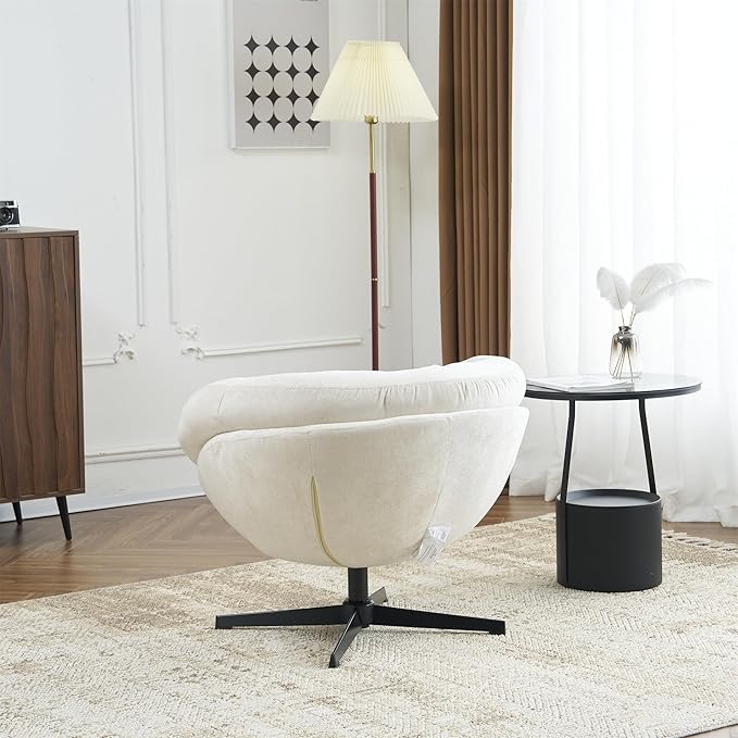 Christopher Knight Home 360° Swivel Club ChairChenille Upholstered Accent Chair with Removable Cushion Round Office Chair with Black Metal BaseBeige