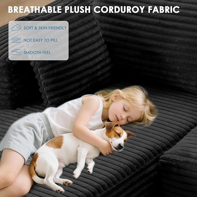 107 Cloud Couch Modular Sectional L Shaped Couch with Chaise Deep Seat Sofa Fluffy Corduroy Couches Boneless Couch for Living Room Black Left Facing Chaise