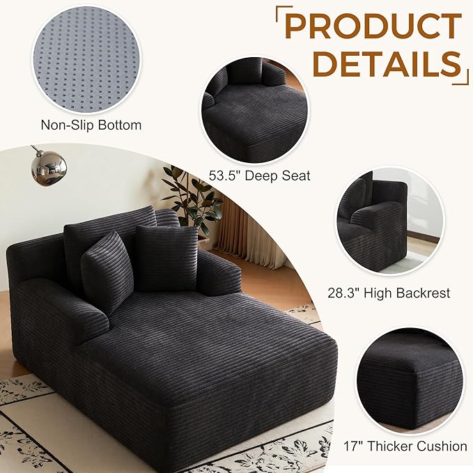 Avenix 66 Boneless Oversized Chaise Lounge Chairs Indoor Boneless Oversized Chaise Lounges Indoor Boneless Oversized Reading Chairs Cloud Sleeper Sofa Couch Bed with 3 Pillows for Living RoomBlack
