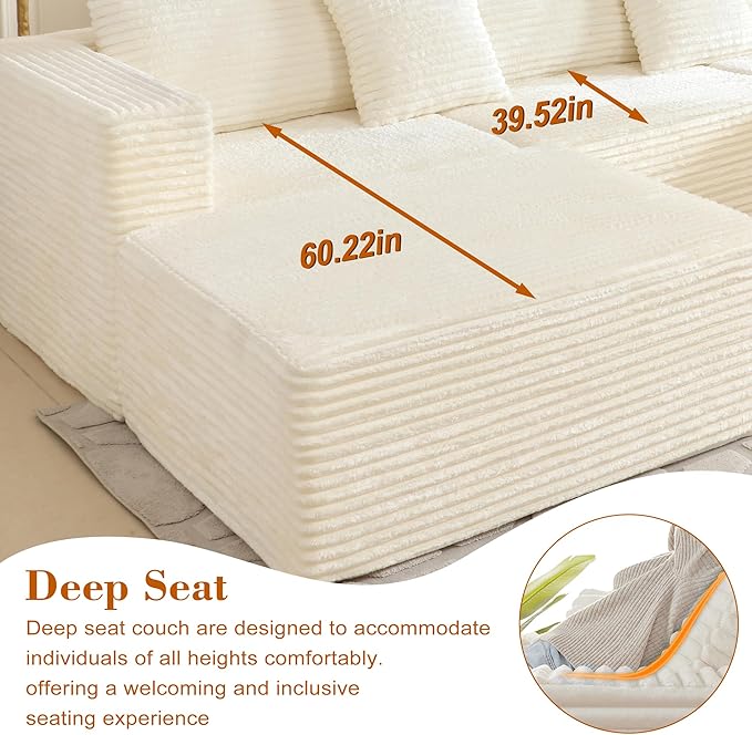 110 Corduroy Boneless Couch for Living Room with 2 Ottomans Convertible Modular Cloud Sofa with Deep Seats Ergonomic Memory Foam U Shaped Sectional Couch No Assembly Required (Beige)