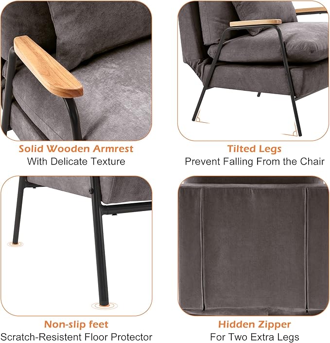 MCombo Accent Recliner Chair with Ottoman Modern Fabric Armchair Upholstered Sofa Bed for Living Room Bedroom Small Space 4055 (Black Frame Grey)