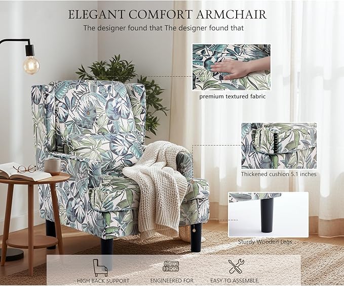Modern Accent Chair for Living Room Chairs Oversized Reading Chair Accent Chairs for Living Room Sofa Chair with High Back and Wood LegsUpholstered Armchair Comfy Chair for Bedroom(Green Floral)