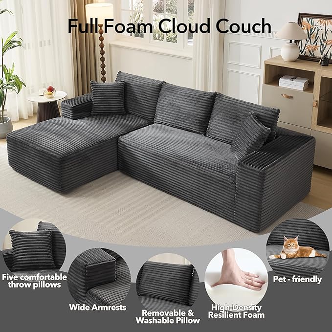 108'' Modular Sectional SofaComfy Cloud Couch with L Shaped ChaiseModern Deep Seat Boneless Couch for Living Room3 SeaterNo Assembly Required (Left-Facing ChaiseDark Gray)