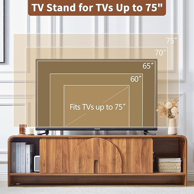 BERRYMERRY 63'' TV Stand for Up to 75 TVsMCM TV Console Table with Big Arched HandleTelevision Stands Entertainment Media Center with Sliding Door for Living Room Bedroom (Walnut)