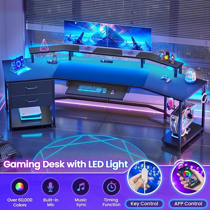 Itaar 79 Gaming Desk with 2 Fabric Drawers Long Computer Desk with Power Strip &amp LED Lights U Shaped Desks with Storage and Cup Holder Large Gaming Table for Bedroom Carbon Fiber Black