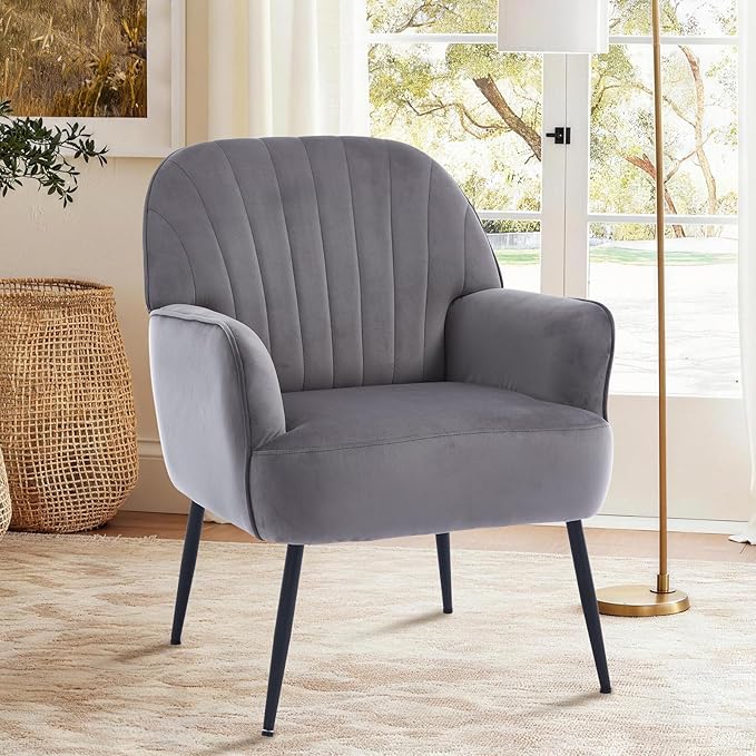 Velvet Accent Chair Upholstered Modern Leisure Single Sofa Side Chair Comfy Tufted Back Armchair with Metal Legs for Living Room/Bedroom/Office/Reading Room Grey