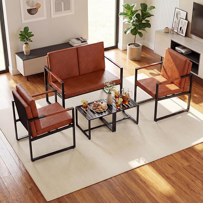 Giantex Modern Loveseat Sofa 2-Seater Sofa with Solid Metal Frame &amp Removable Back Cushions Spacious Seat &amp Supportive Armrests Indoor Couch for Living Room Bedroom Office (Brown)