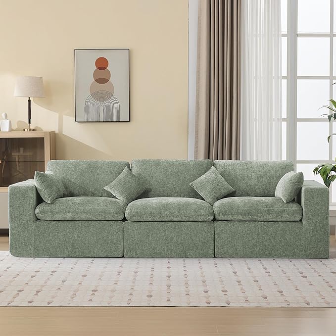 115''Cloud Boneless Sectional Couch Modular Sectional Sofa Deep Seat Oversized Upholstered Convertible Comfy 3 Seater Chenille Memory Foam Sofa Couches for Living Room Green