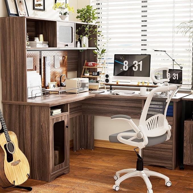Unikito L Shaped Desk with Drawers 60 Inch Office Desk with Power Outlet and LED Lights Sturdy Corner Computer Desk with Hutch and File Cabinets 2 Person Home Office Gaming Table Rustic Oak