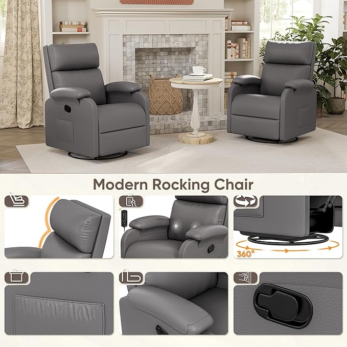 Homall Recliner Chair 360 Swivel Rocking Chair for Adults Massage Nursery Chair with Adjustable Backrest and Footrest PU Leather Glider Rocker Recliners with Side Pocket for Living Room (Grey)