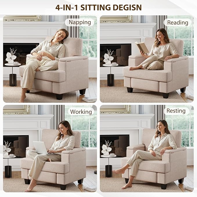 Furniliving Modern Oversized Accent Sofa Chair Comfortable Living Room Lounge Armchair with Storage Armrest Upholstered Reading Gaming Chair for Apartment Living Room Bedroom Beige