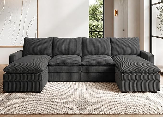 HONBAY 127.2 Inch Corduroy Cloud Modular Sectional Sofa with Chaise Deep Seat U-Shaped Couch with Storage for Living Room Apartment Small SpaceGrey