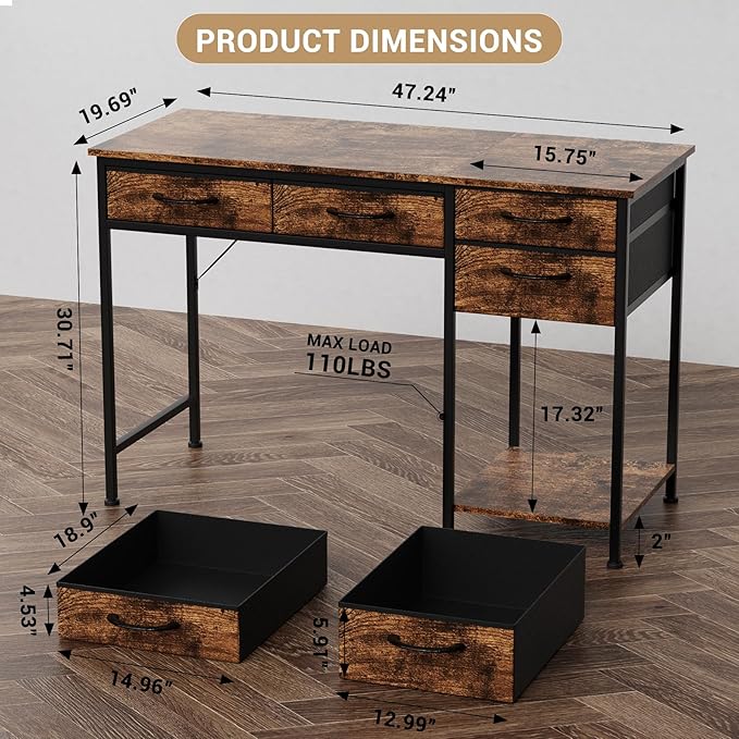 Office Gaming Desk with Drawers &amp Large Storage Shelf Modern Work Desk for Home Office Rustic Brown