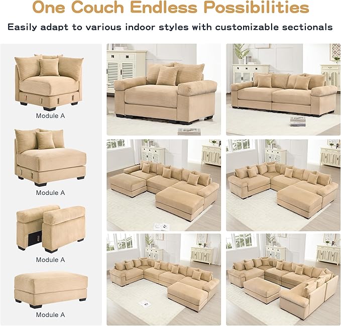 KEIKI 130 Oversized Corduroy Modular Cloud Sectional Sofa with High-Density Foam Cushions Extra-Thick Armrest Upholstered Modern 3-Seater Fluffy Corner Couch with 9 Pillow for Living Room Camel