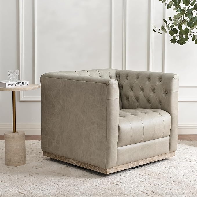 KINWELL 32'' W Genuine Leather Square Swivel Barrel Chair Mid Century Modern Tufted Swivel Accent Chair for Living Room Bedroom Office (Light Gray)