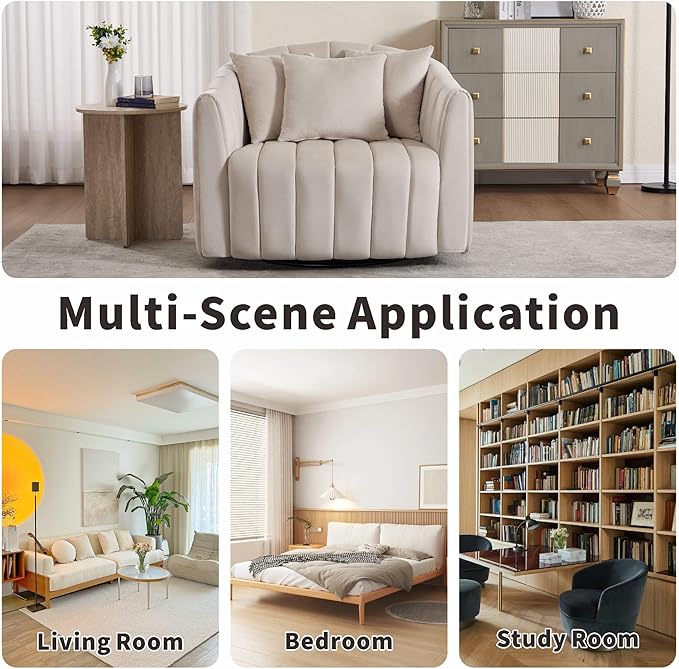 Mlmh &amp Kngwa 40.35 W Swivel Accent Chairs Oversized 360 Degree Swivel Barrel Chair with 3 Pillows Velvet Armchair for Living Room Bedroom Beige