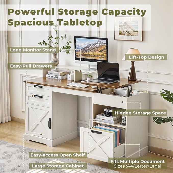 63 Executive Desk Home Office Desk with Lift Top Farmhouse Gaming Desk with File Drawer Charging Station Sensor Lights Wood Computer Table with Monitor Stand (White)