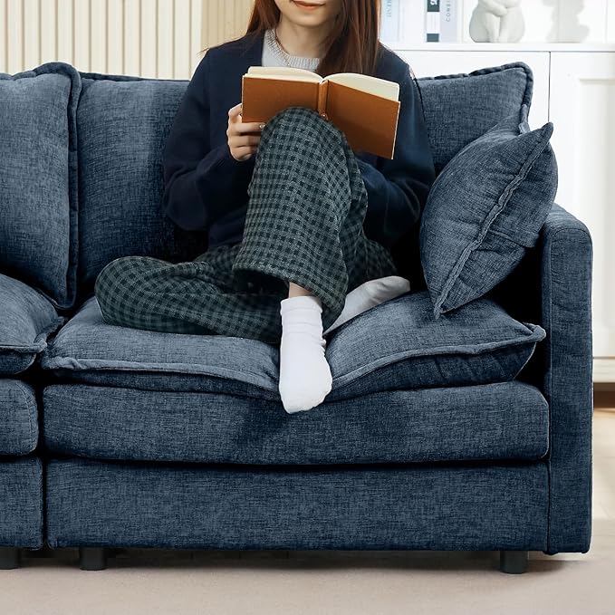 102 Modular Sectional Sofa with Movable Ottoman Convertible L Shaped Chenille Cloud Couch Comfy 3-Seater Deep Seat Sofa Couches for Living Room Bedroom and Apartment (Blue 102)