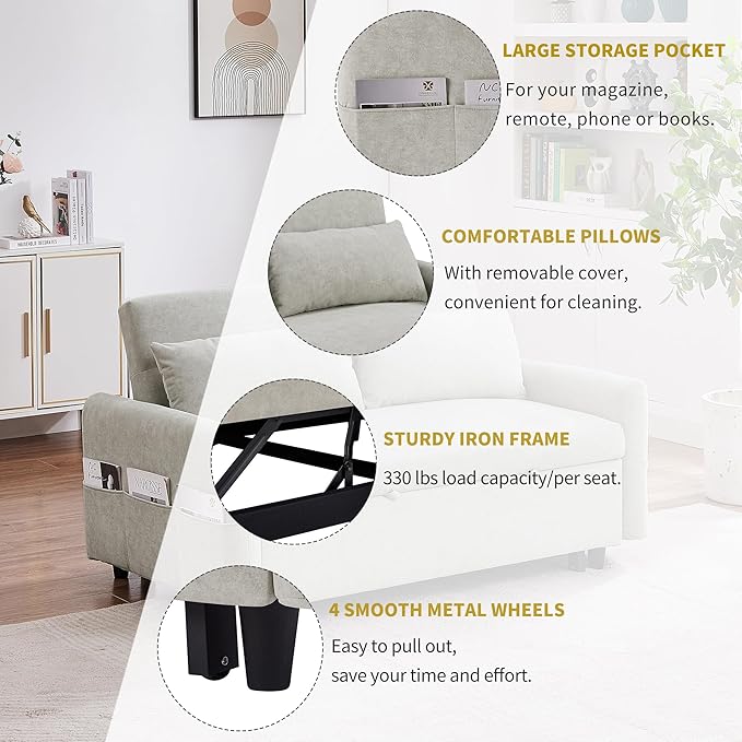 Merax 55.1 W Convertible Sofa Bed with Adjustable Backrest2 PillowsUSB Ports and 6 Storage Side PocketsPull-Out Sleeper Sofabed Microfiber Loveseat Couch for Living Room Bedroom ApartmentBeige